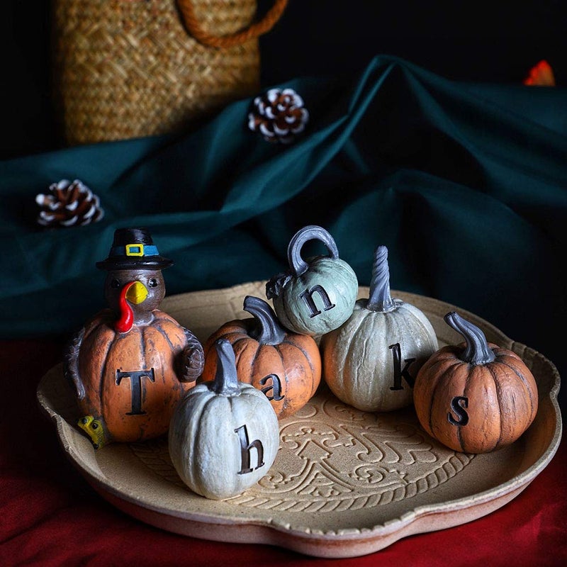 MorTime Thanksgiving Decorations Hand-Painted Turkey Pumpkin with Engraved Thanks, Set of 6 Tabletop Fall Autumn Decor for Living Room Bedroom Kitchen Thanksgiving Harvest Day - Image 5
